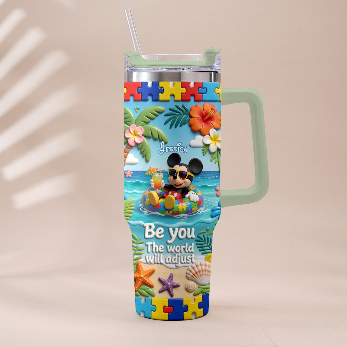 Be You The World Will Adjust - Personalized Autism Awareness Tumbler With Plush Charm