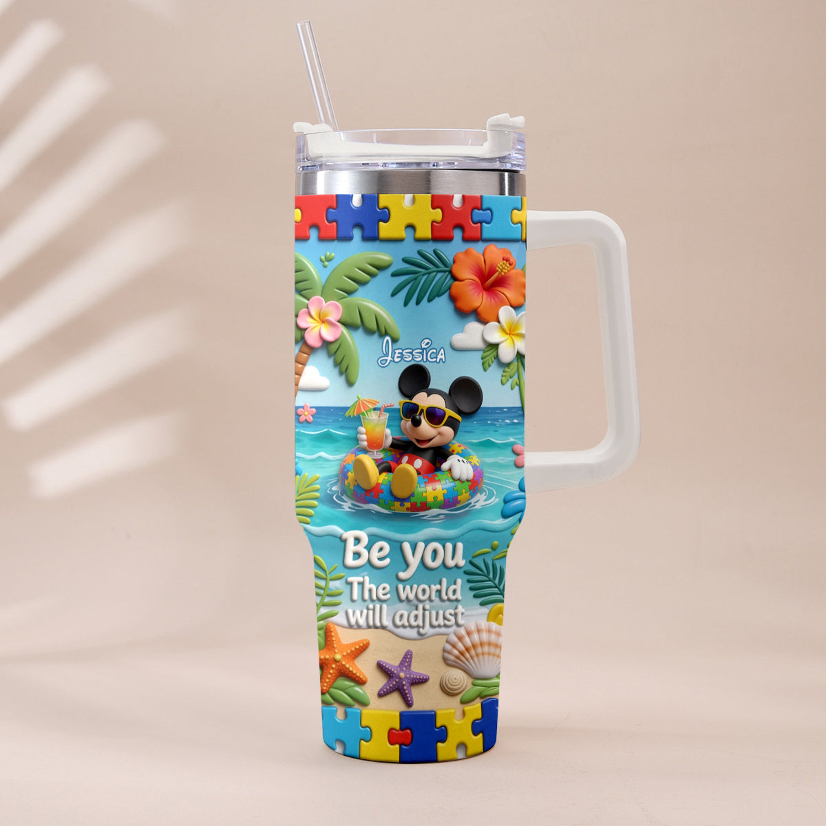 Be You The World Will Adjust - Personalized Autism Awareness Tumbler With Plush Charm
