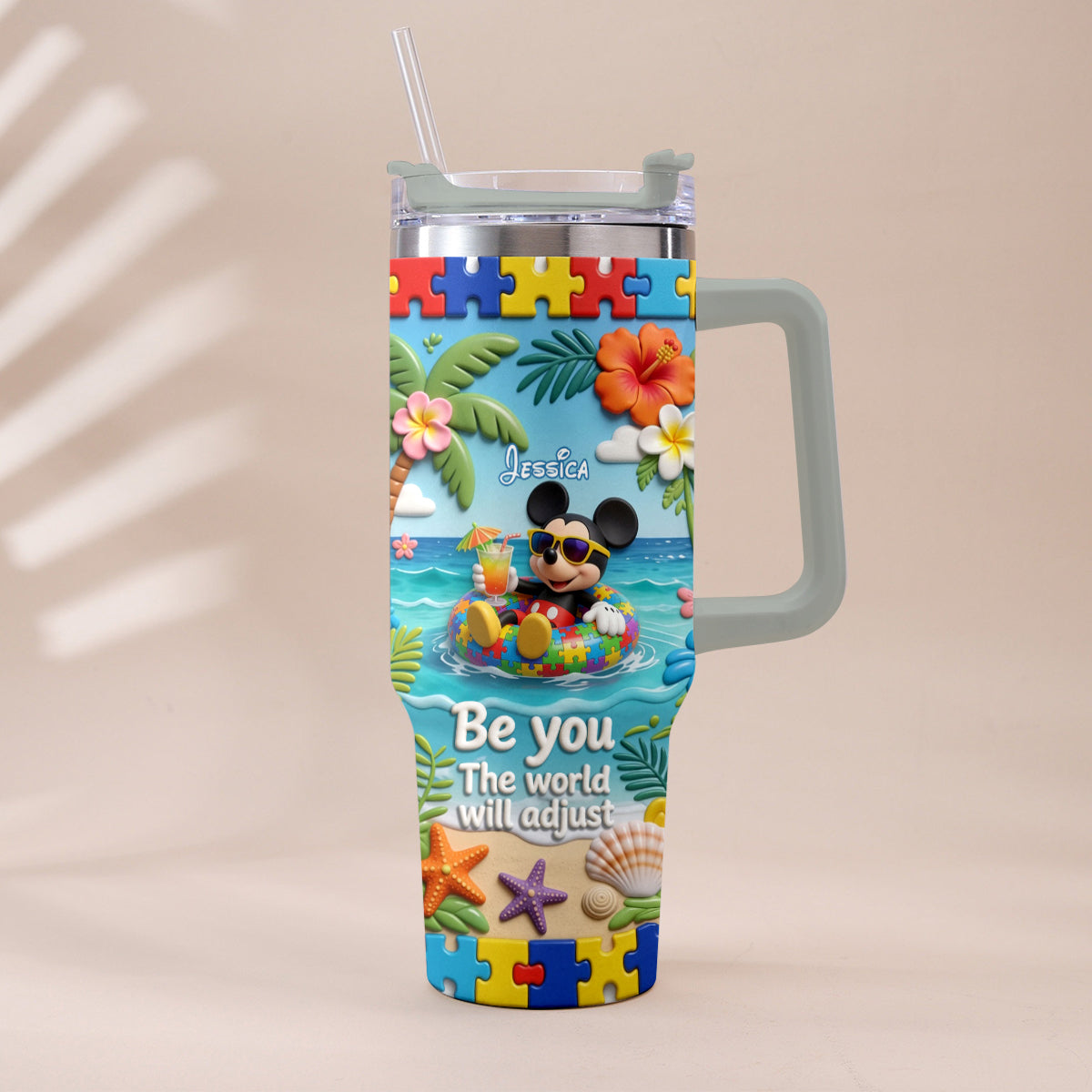 Be You The World Will Adjust - Personalized Autism Awareness Tumbler With Plush Charm