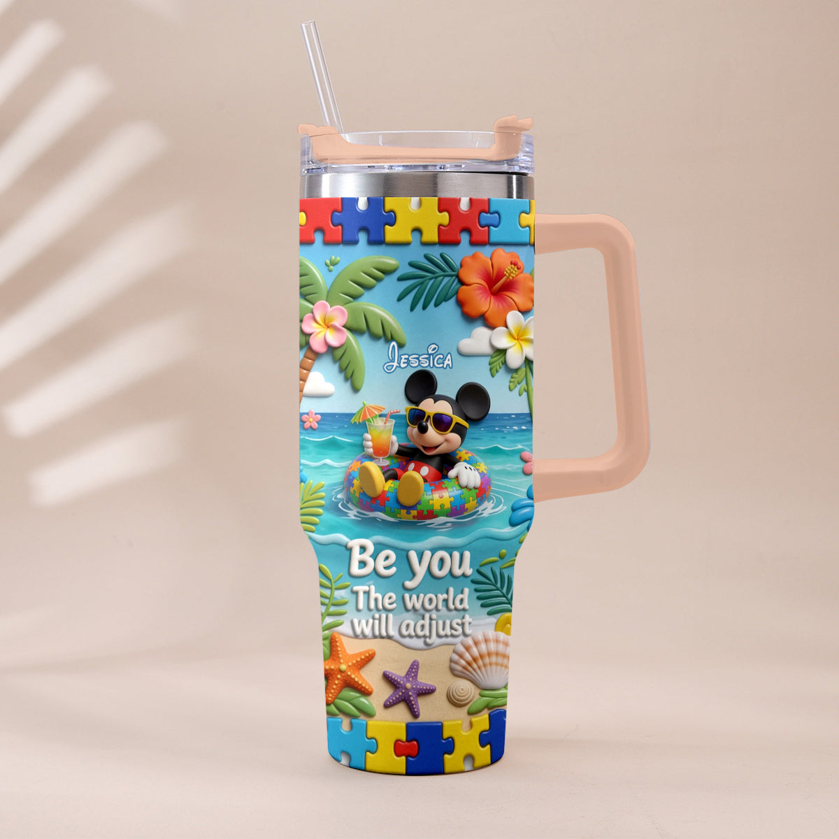 Be You The World Will Adjust - Personalized Autism Awareness Tumbler With Plush Charm