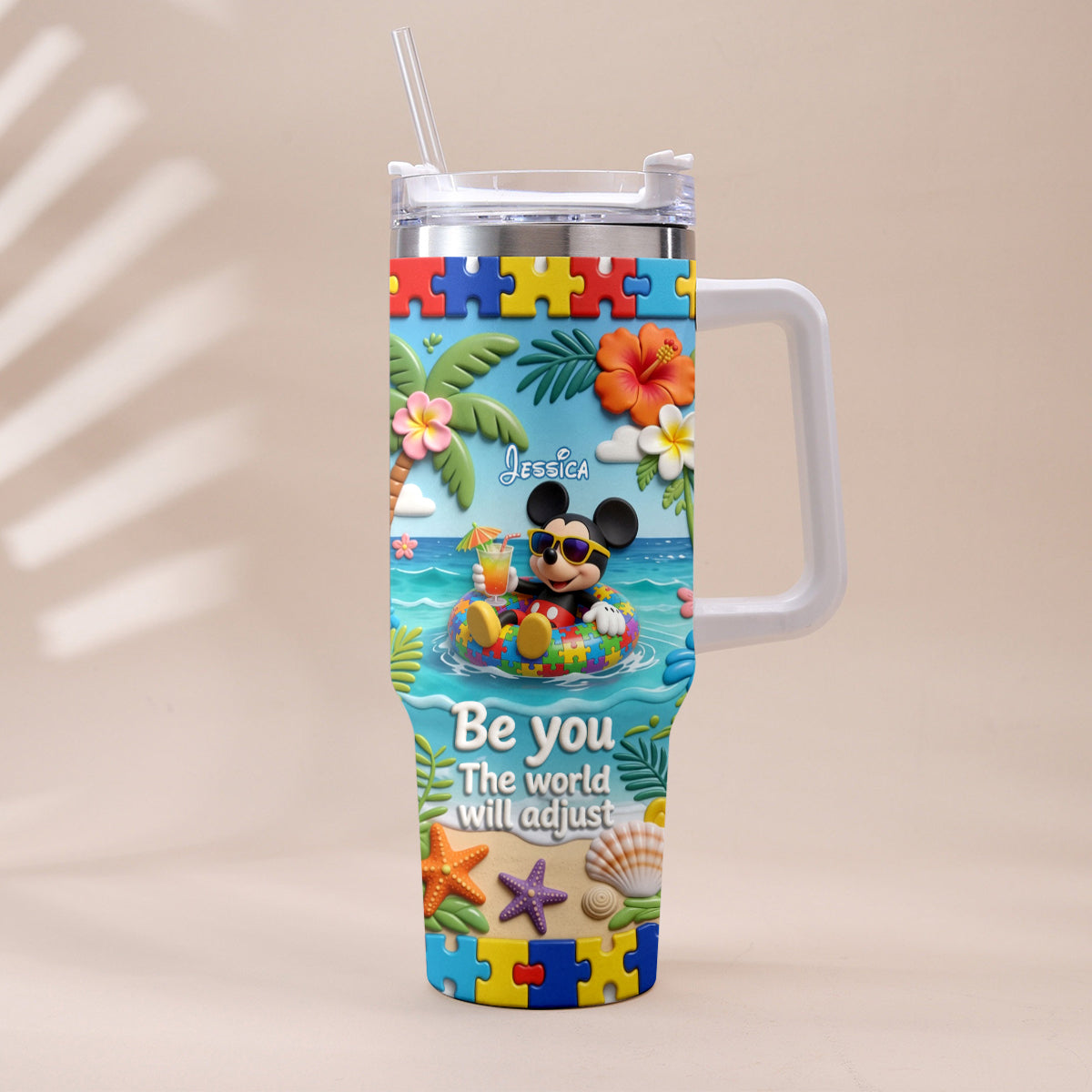 Be You The World Will Adjust - Personalized Autism Awareness Tumbler With Plush Charm