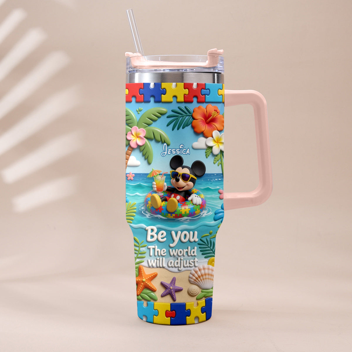 Be You The World Will Adjust - Personalized Autism Awareness Tumbler With Plush Charm