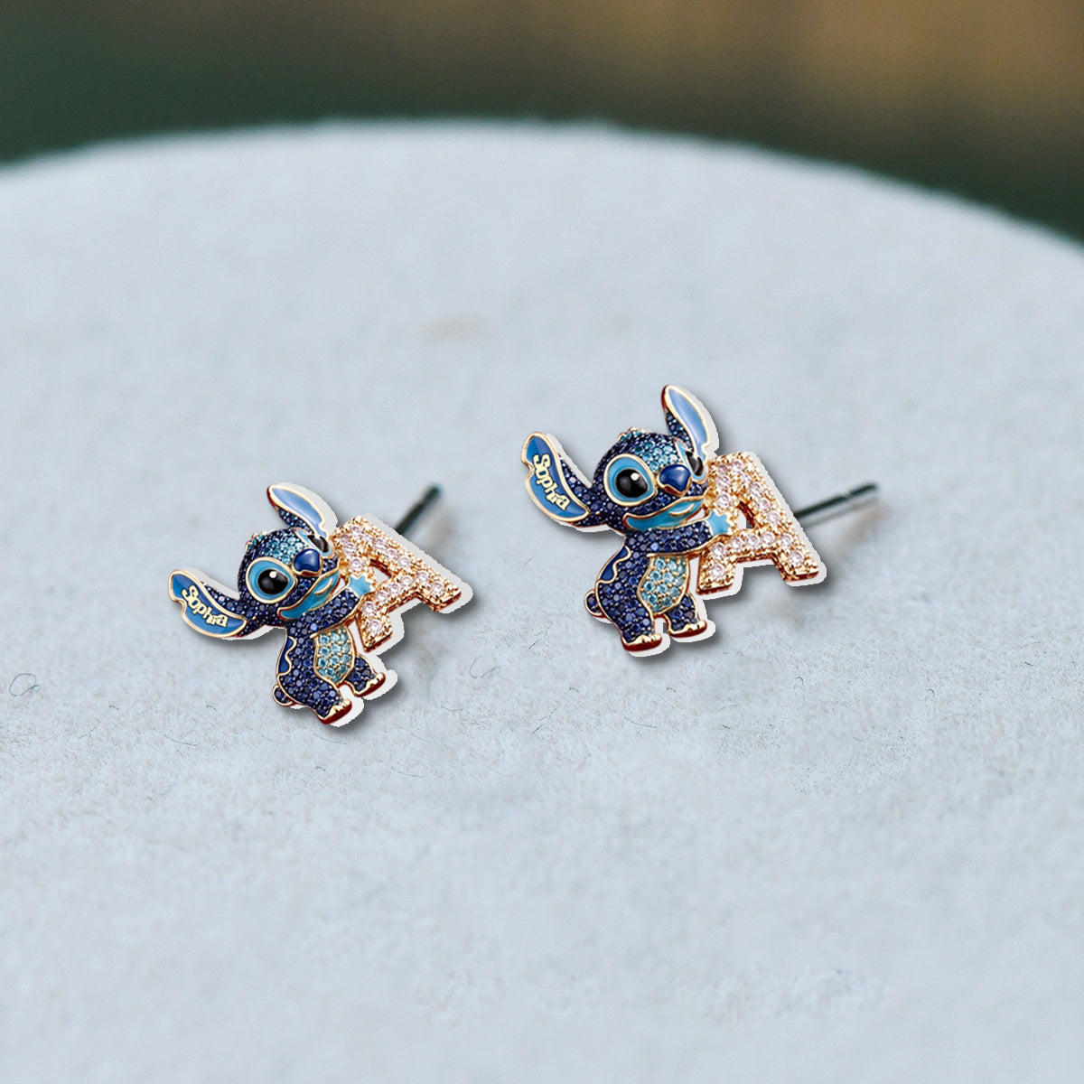 Cute Blue Alien With Letter - Personalized Ohana Stud Earrings