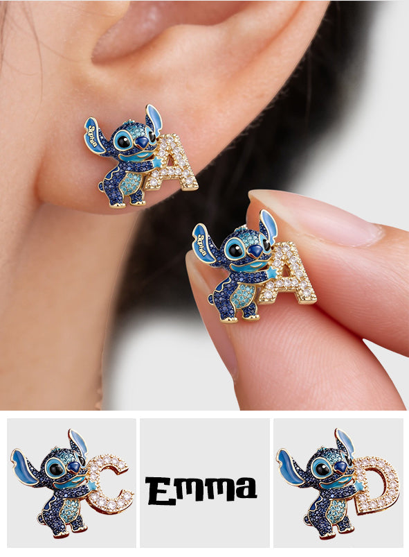 Cute Blue Alien With Letter - Personalized Ohana Stud Earrings