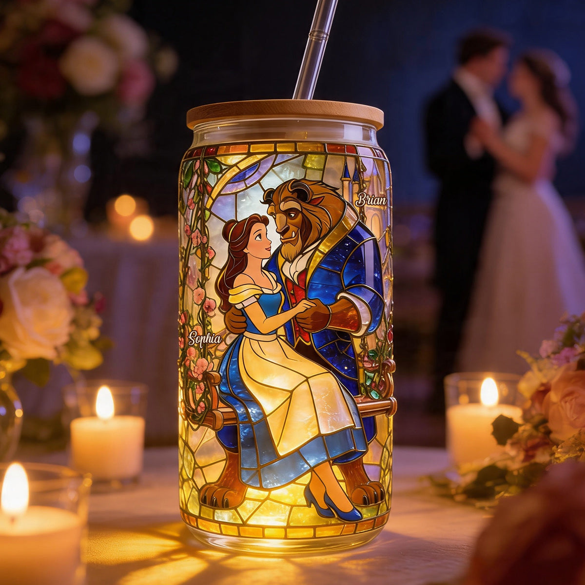 Romantic Couple - Personalized Beauty And The Beast Can Glass