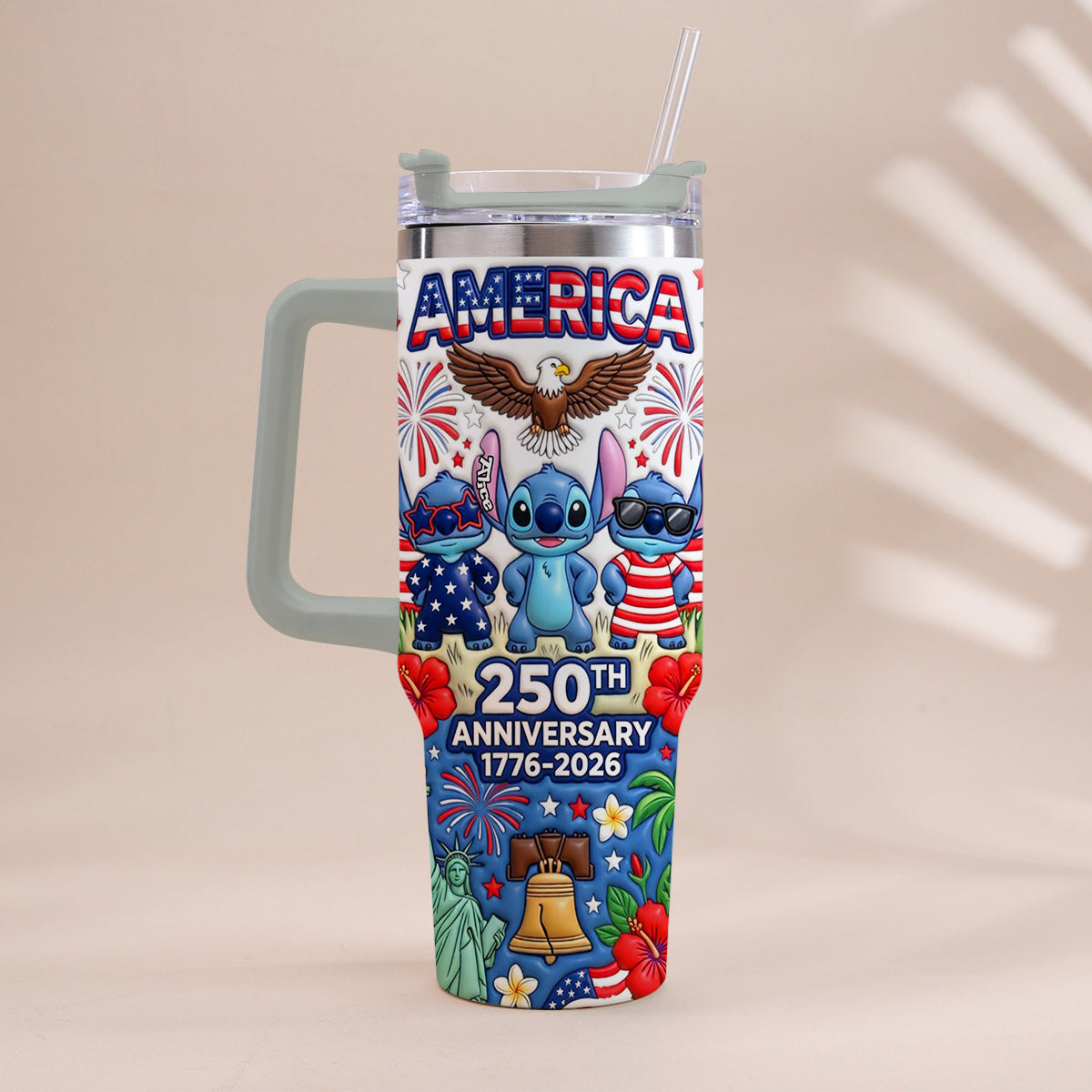 Cute Blue Alien USA 250th Anniversary - Personalized Ohana Tumbler With Handle