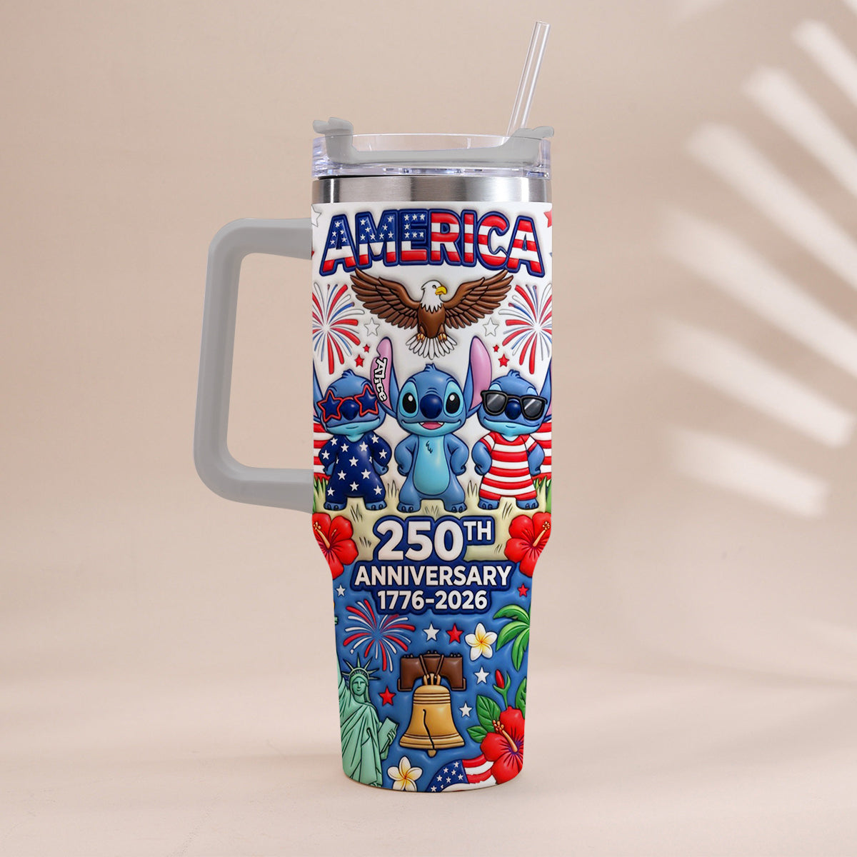 Cute Blue Alien USA 250th Anniversary - Personalized Ohana Tumbler With Handle