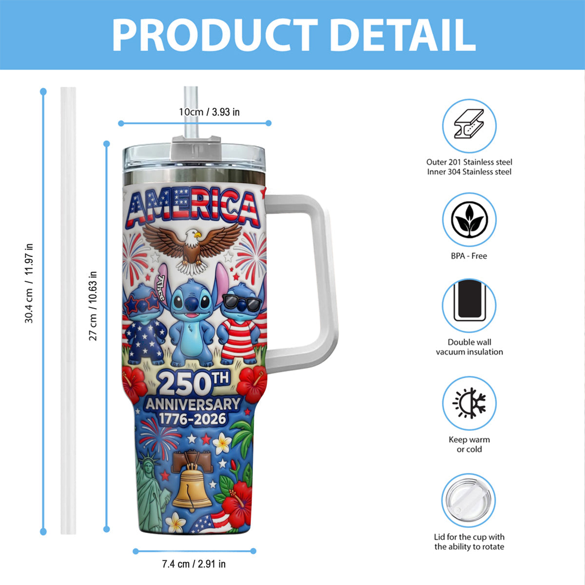 Cute Blue Alien USA 250th Anniversary - Personalized Ohana Tumbler With Handle