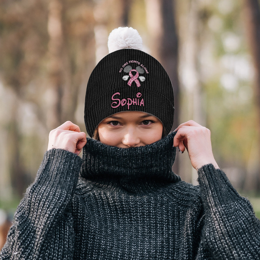 No One Fights Alone - Personalized Breast Cancer Awareness Beanie Hat