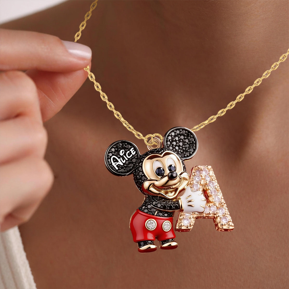 Cute Cartoon With Letter - Personalized Mouse Shaped Metal Pendant Necklace