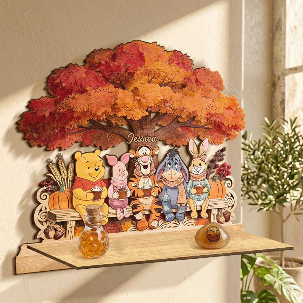 Honey Bear & Friends - Personalized Yellow Bear Wooden Floating Shelf