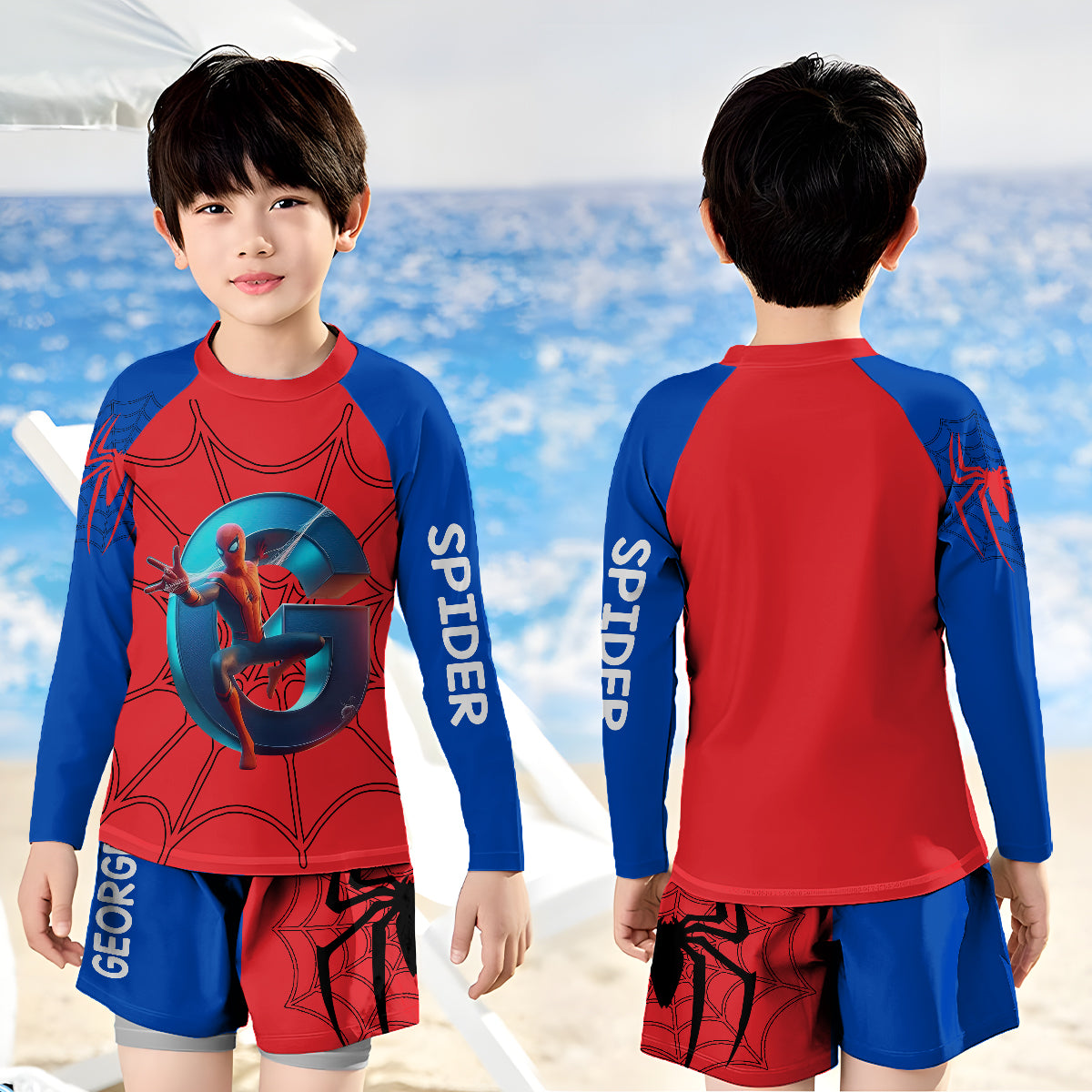Cool Spider - Personalized Kid Swimsuit Trunk Rashguard Set