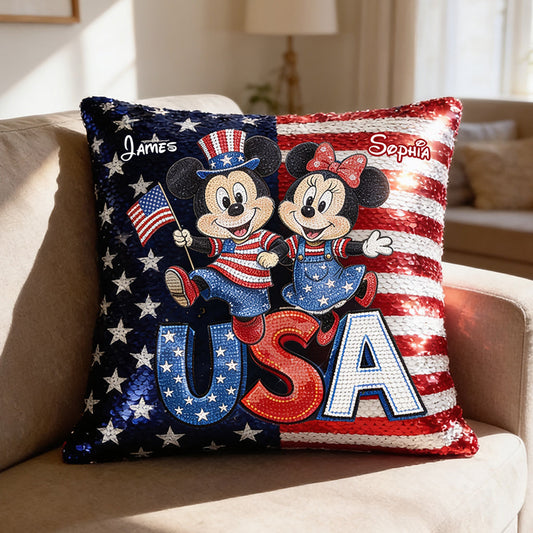 Mouse Couple USA 250 Years Anniversary - Personalized Mouse Sequin Pillow Cover