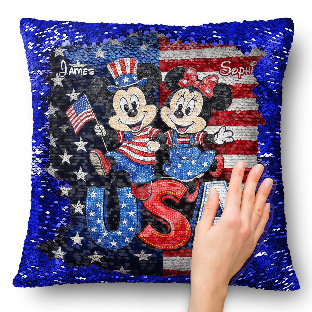 Mouse Couple USA 250 Years Anniversary - Personalized Mouse Sequin Pillow Cover