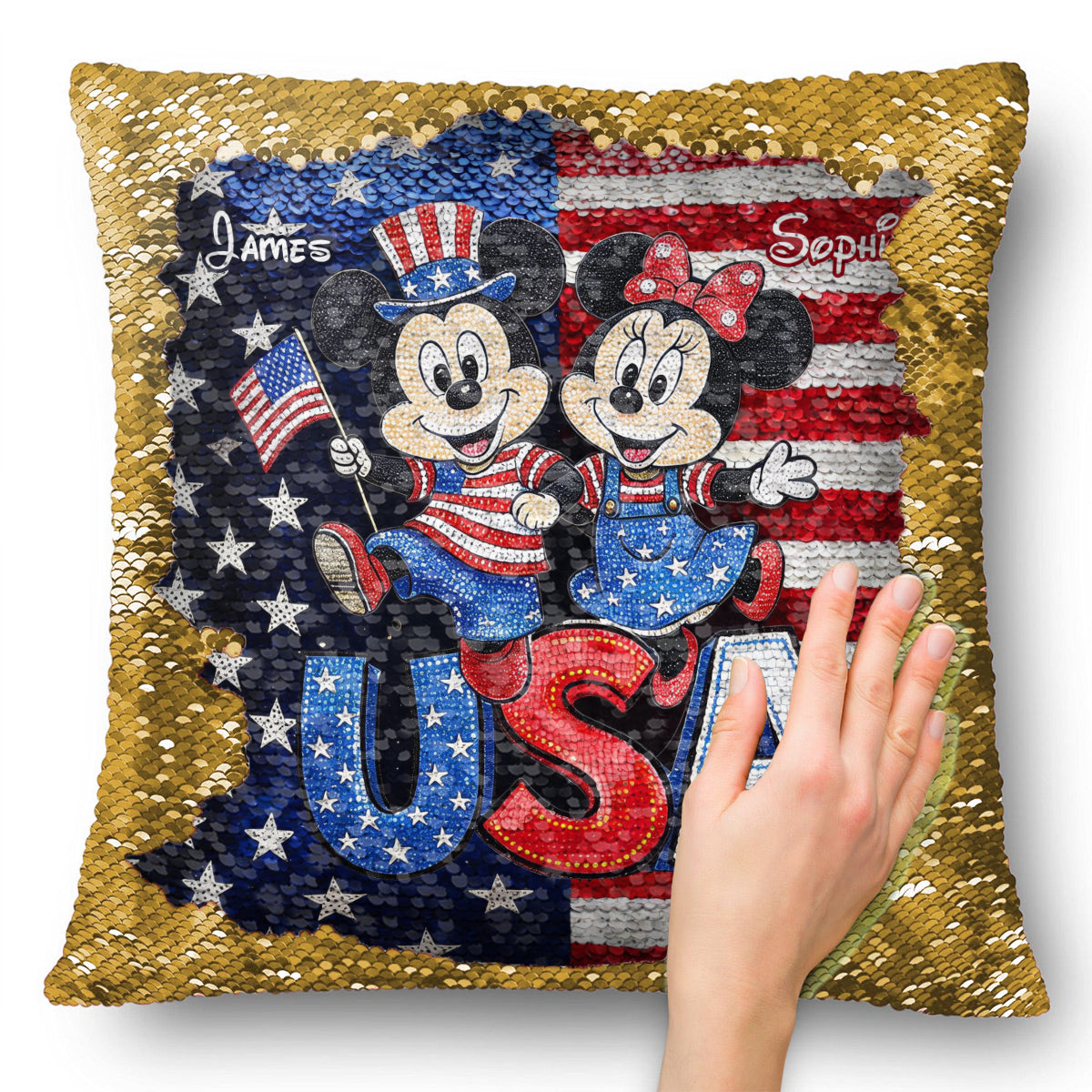 Mouse Couple USA 250 Years Anniversary - Personalized Mouse Sequin Pillow Cover