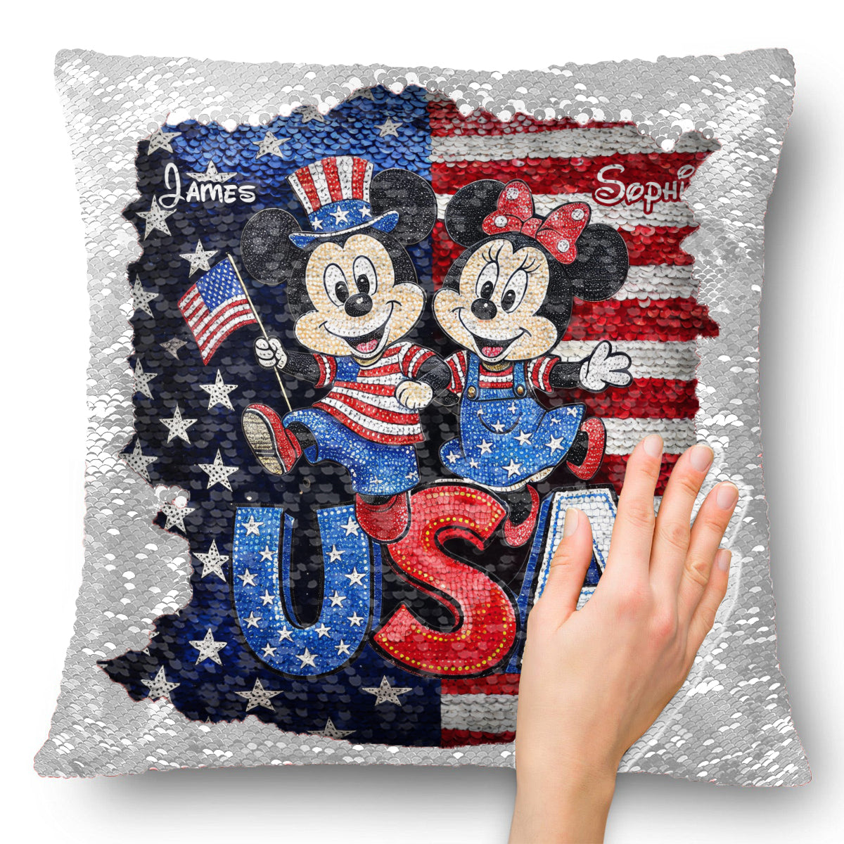 Mouse Couple USA 250 Years Anniversary - Personalized Mouse Sequin Pillow Cover