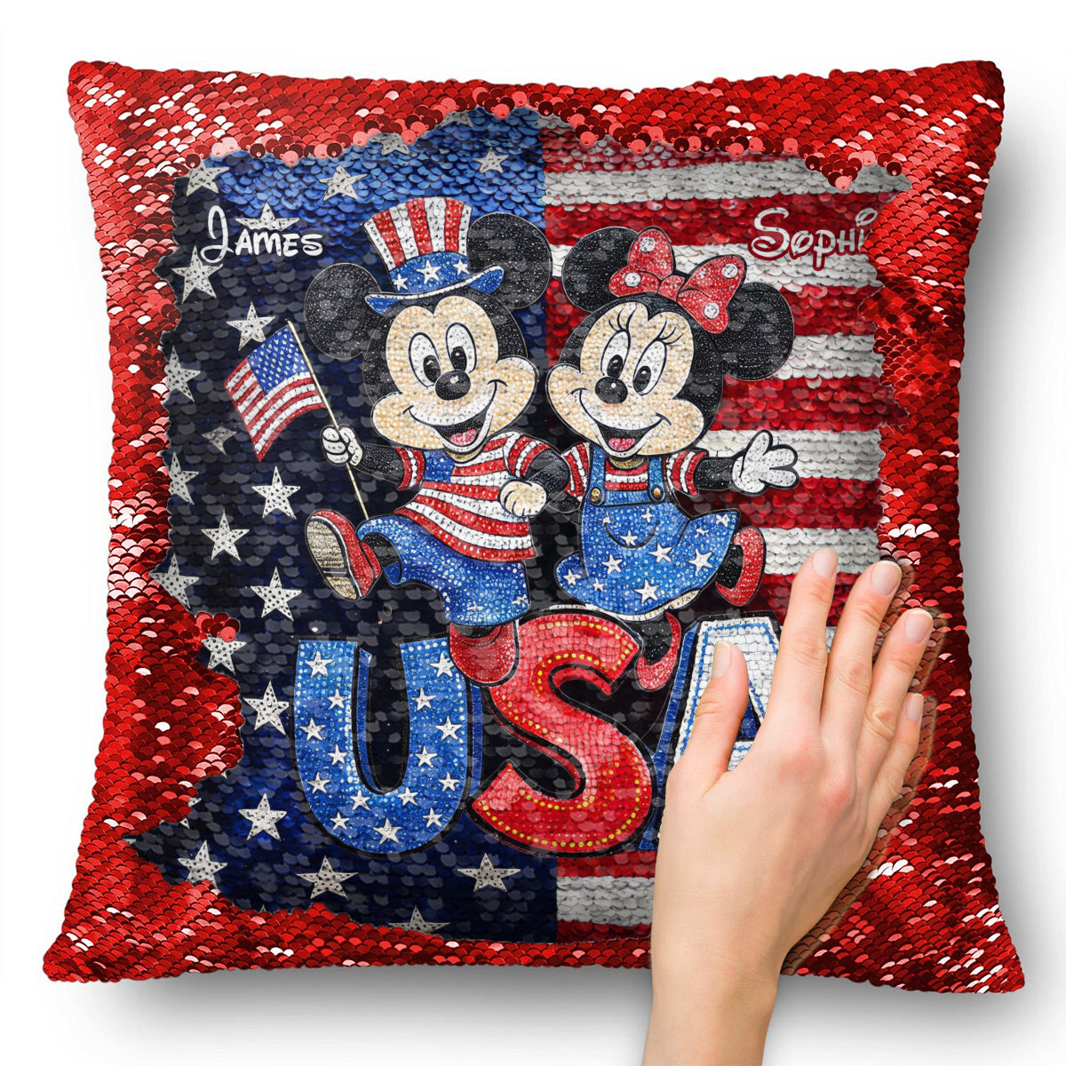 Mouse Couple USA 250 Years Anniversary - Personalized Mouse Sequin Pillow Cover