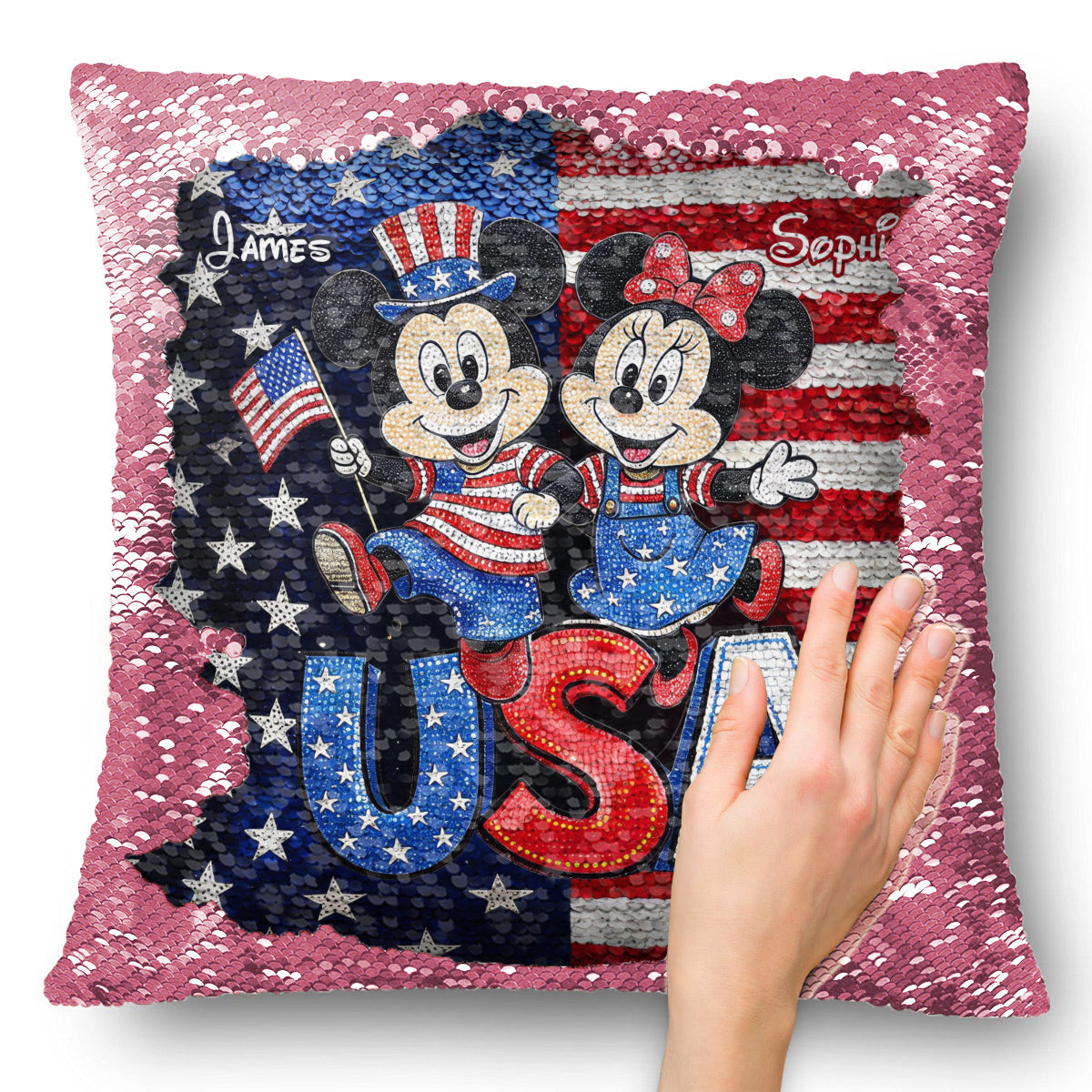 Mouse Couple USA 250 Years Anniversary - Personalized Mouse Sequin Pillow Cover