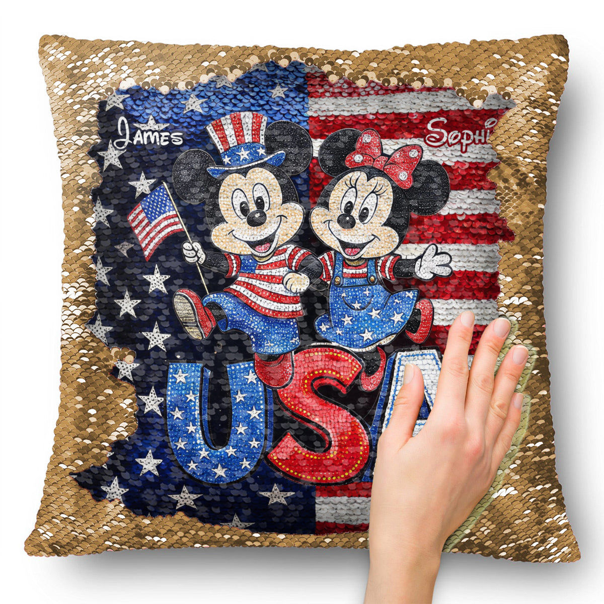 Mouse Couple USA 250 Years Anniversary - Personalized Mouse Sequin Pillow Cover