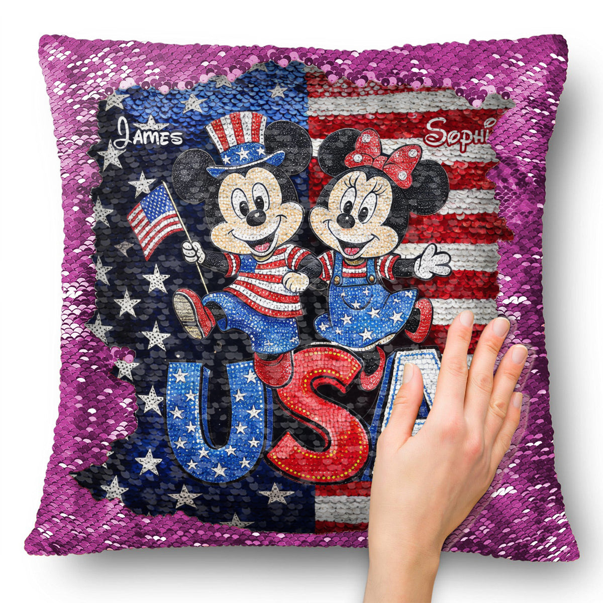 Mouse Couple USA 250 Years Anniversary - Personalized Mouse Sequin Pillow Cover
