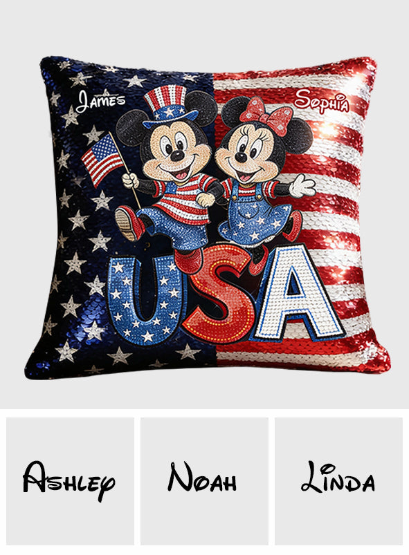 Mouse Couple USA 250 Years Anniversary - Personalized Mouse Sequin Pillow Cover