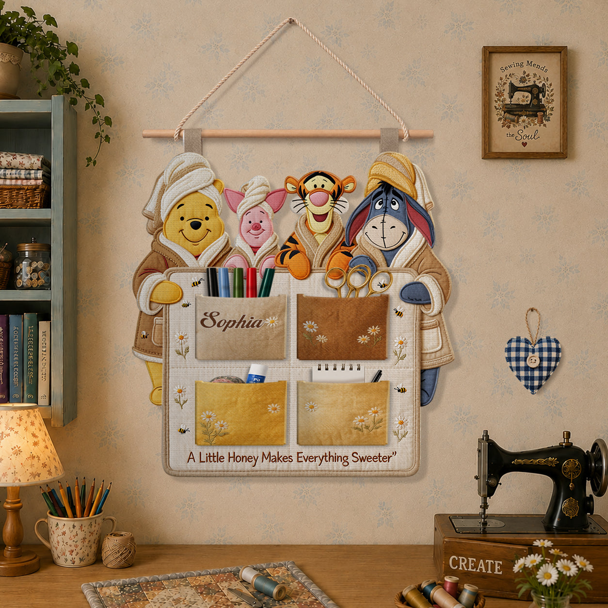 A Little Honey Makes Everything Sweeter - Personalized Yellow Bear Hanging Organizer