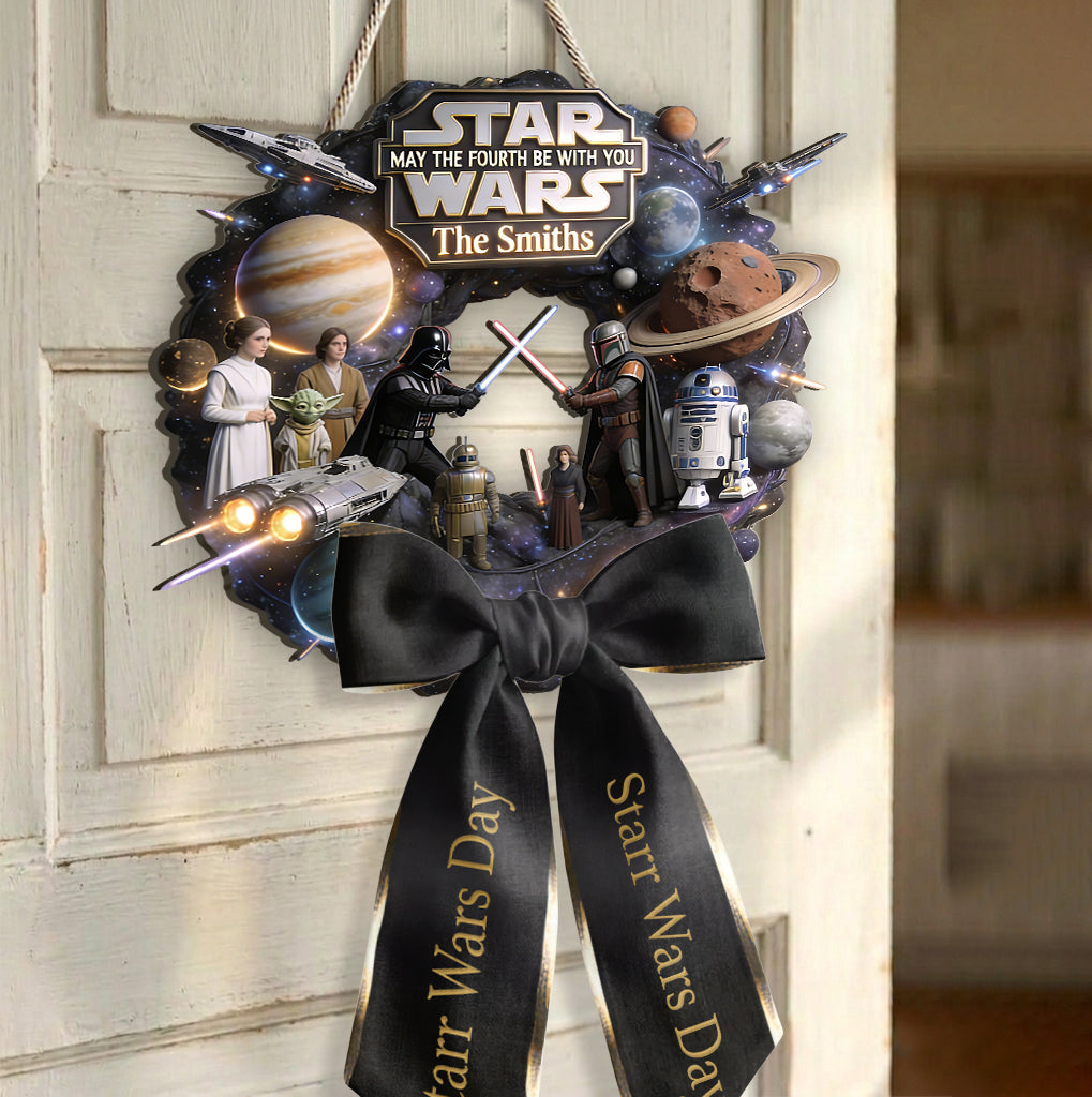 May The Fourth Be With You - Personalized The Force Shaped Wood Sign With Sash