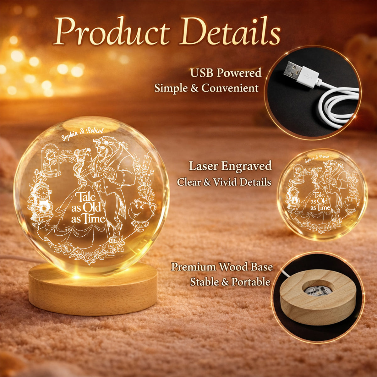 Tale As Old As Time - Personalized Beauty And The Beast Crystal Ball Night Light