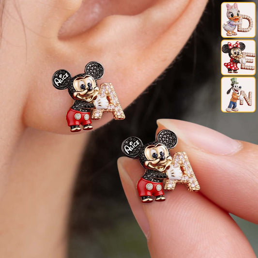 Cute Cartoon With Letter - Personalized Mouse Stud Earrings