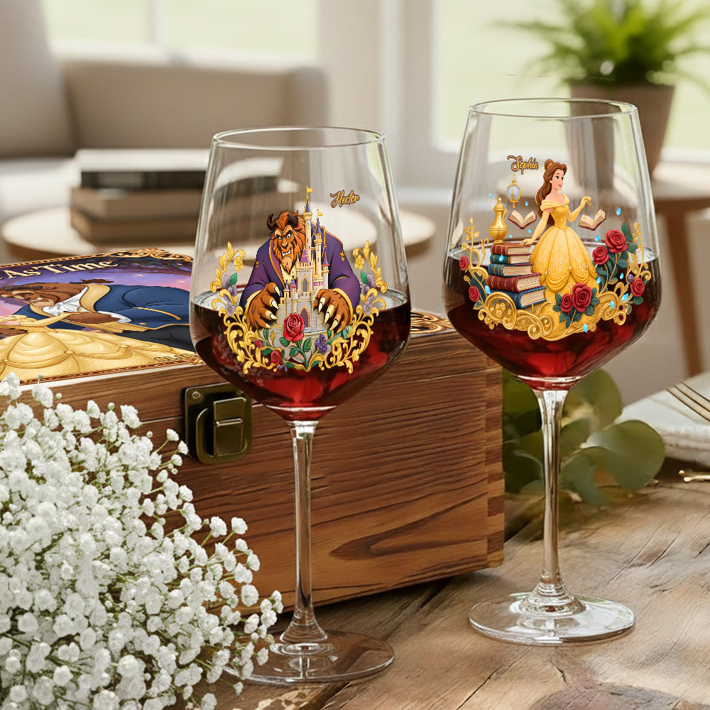 Tale As Old As Time - Personalized Beauty And The Beast Wine Glasses Set With Wooden Box