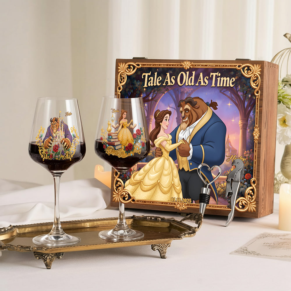 Tale As Old As Time - Personalized Beauty And The Beast Wine Glasses Set With Wooden Box