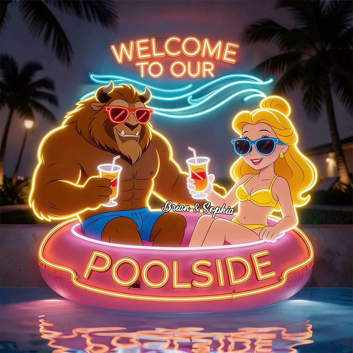 Welcome To Our Pool - Personalized Beauty And The Beast Neon LED Light Sign
