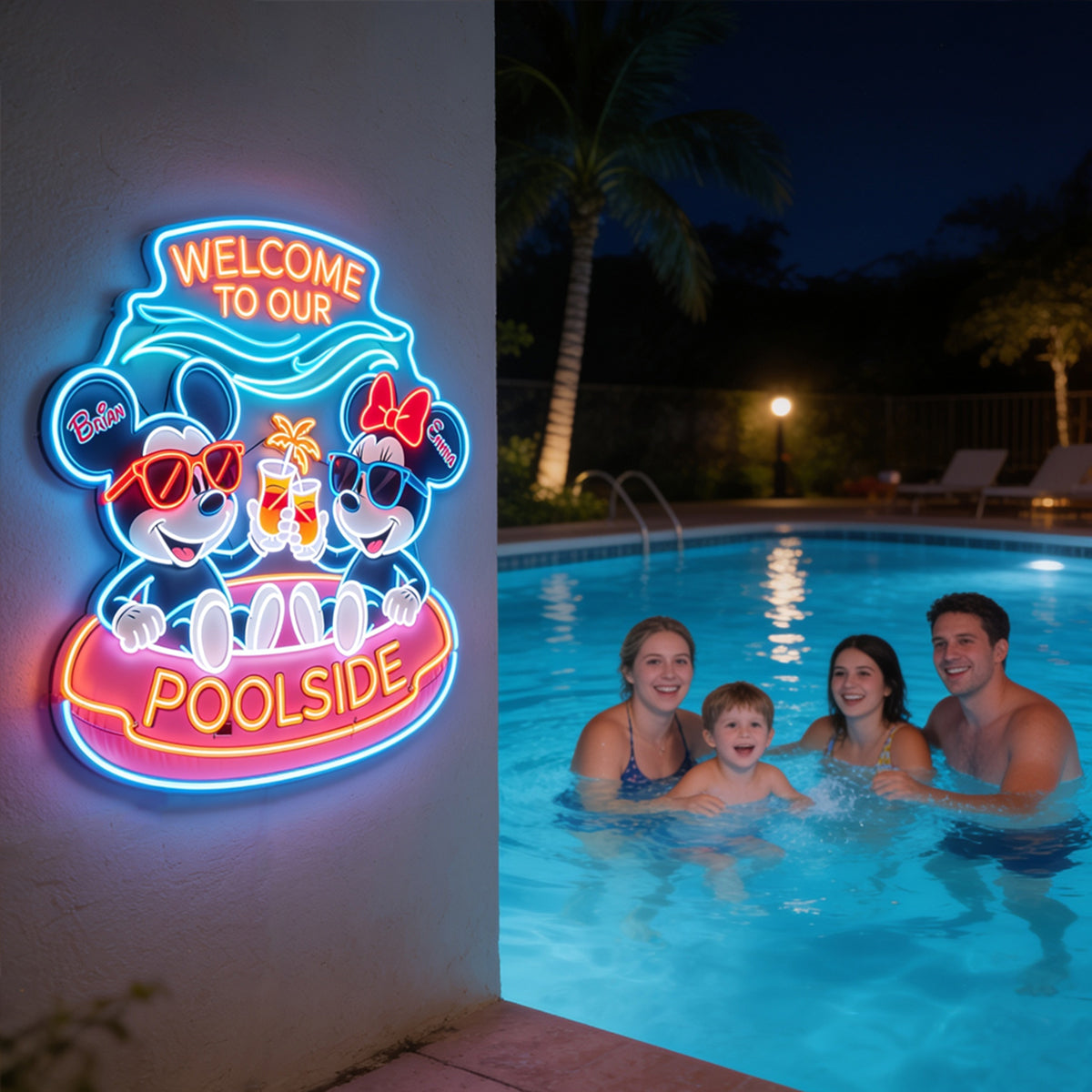 Welcome To Our Poolside - Personalized Mouse Neon LED Light Sign