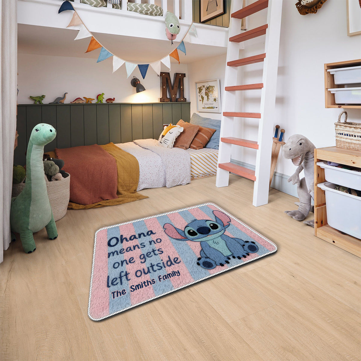 No One Gets Left Outside Pastel Pink Blue Stripes - Personalized Ohana Non-Slip Tufted Rug