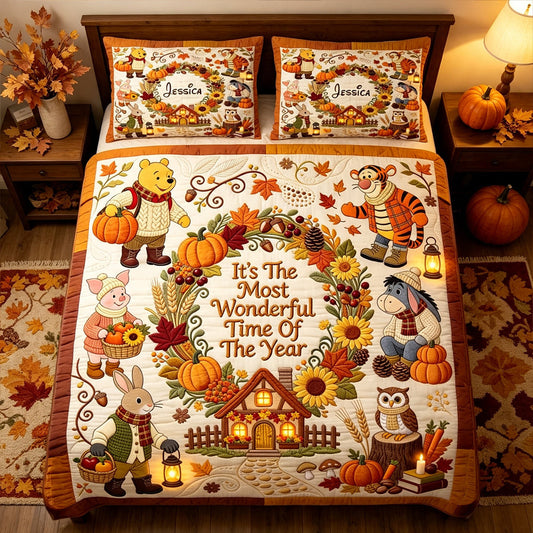 It's The Most Beautiful Time Of The Year - Personalized Yellow Bear Quilt Set