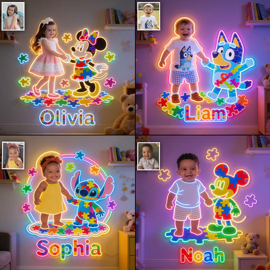 Autism Support Cartoon Puzzle - Personalized Autism Awareness Neon LED Light Sign