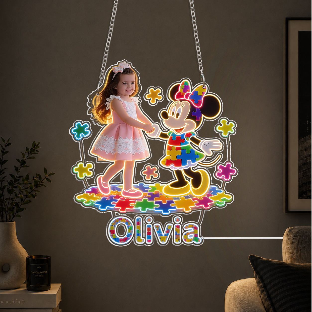 Autism Support Cartoon Puzzle - Personalized Autism Awareness Neon LED Light Sign