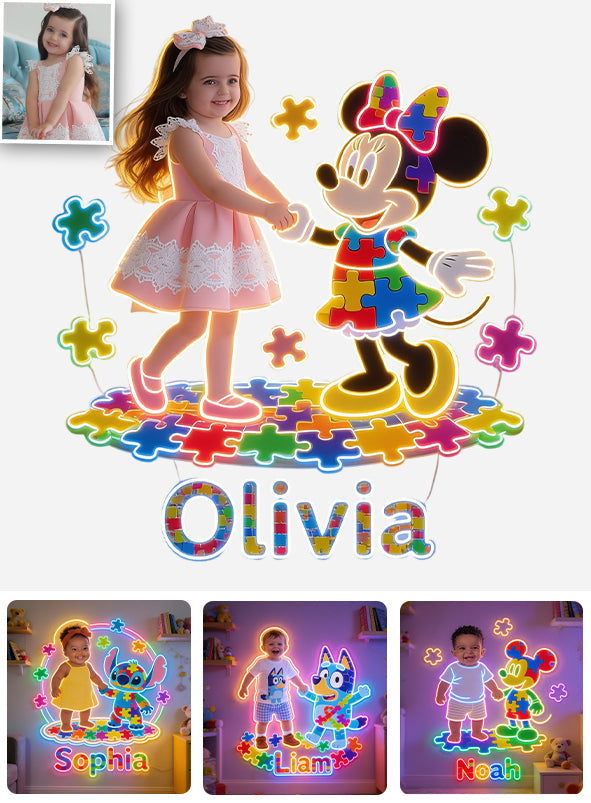 Autism Support Cartoon Puzzle - Personalized Autism Awareness Neon LED Light Sign