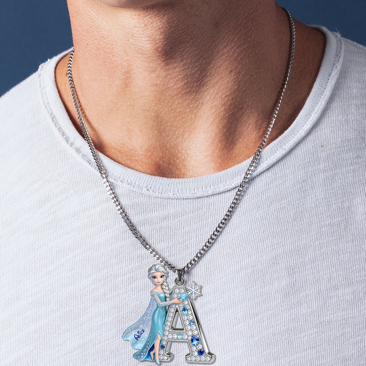 Enchanted Snow Initial - Personalized Beautiful Princess Shaped Metal Pendant Necklace