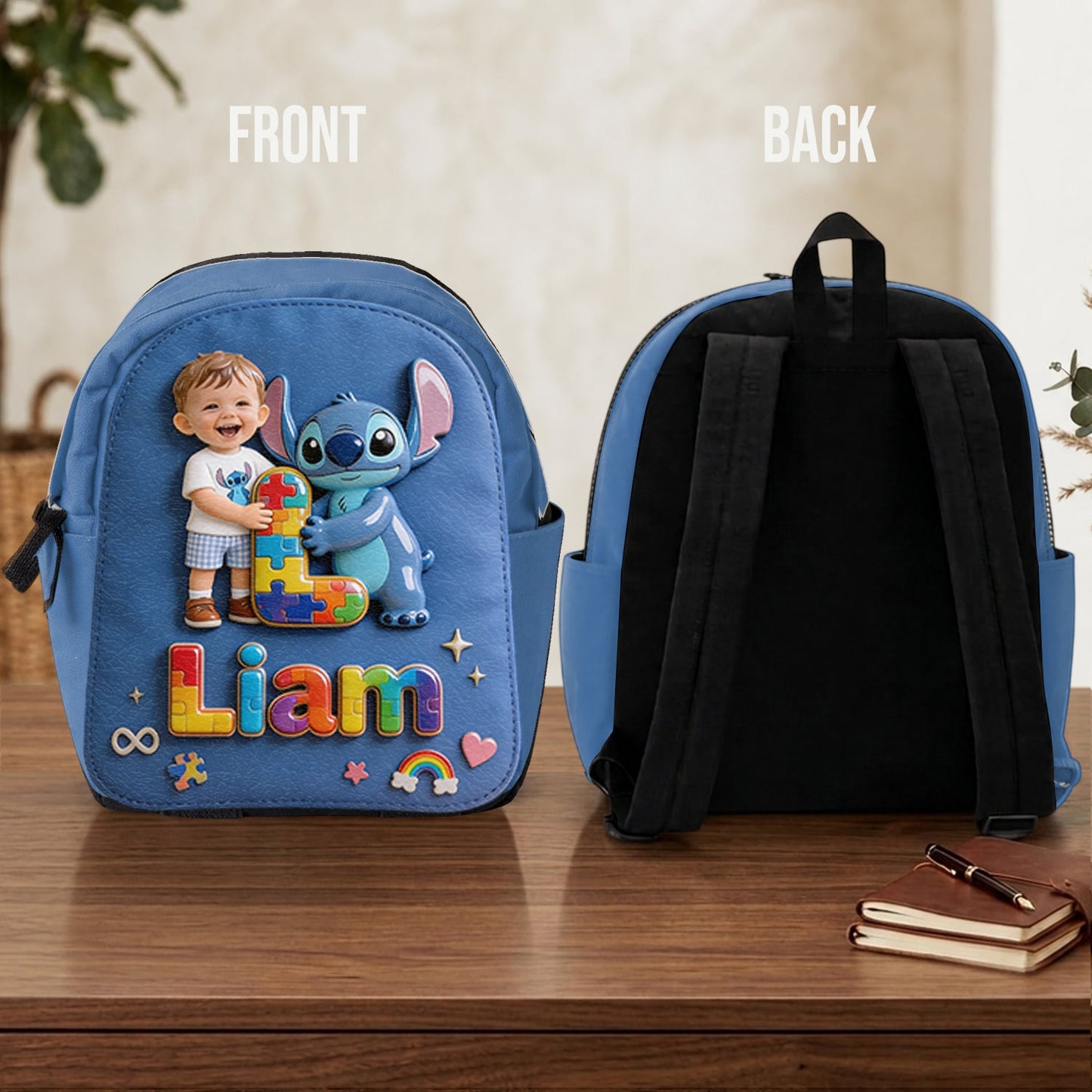 Autism Support Cartoon Puzzle Toy - Personalized Autism Awareness Changeable Leather Patch Backpack