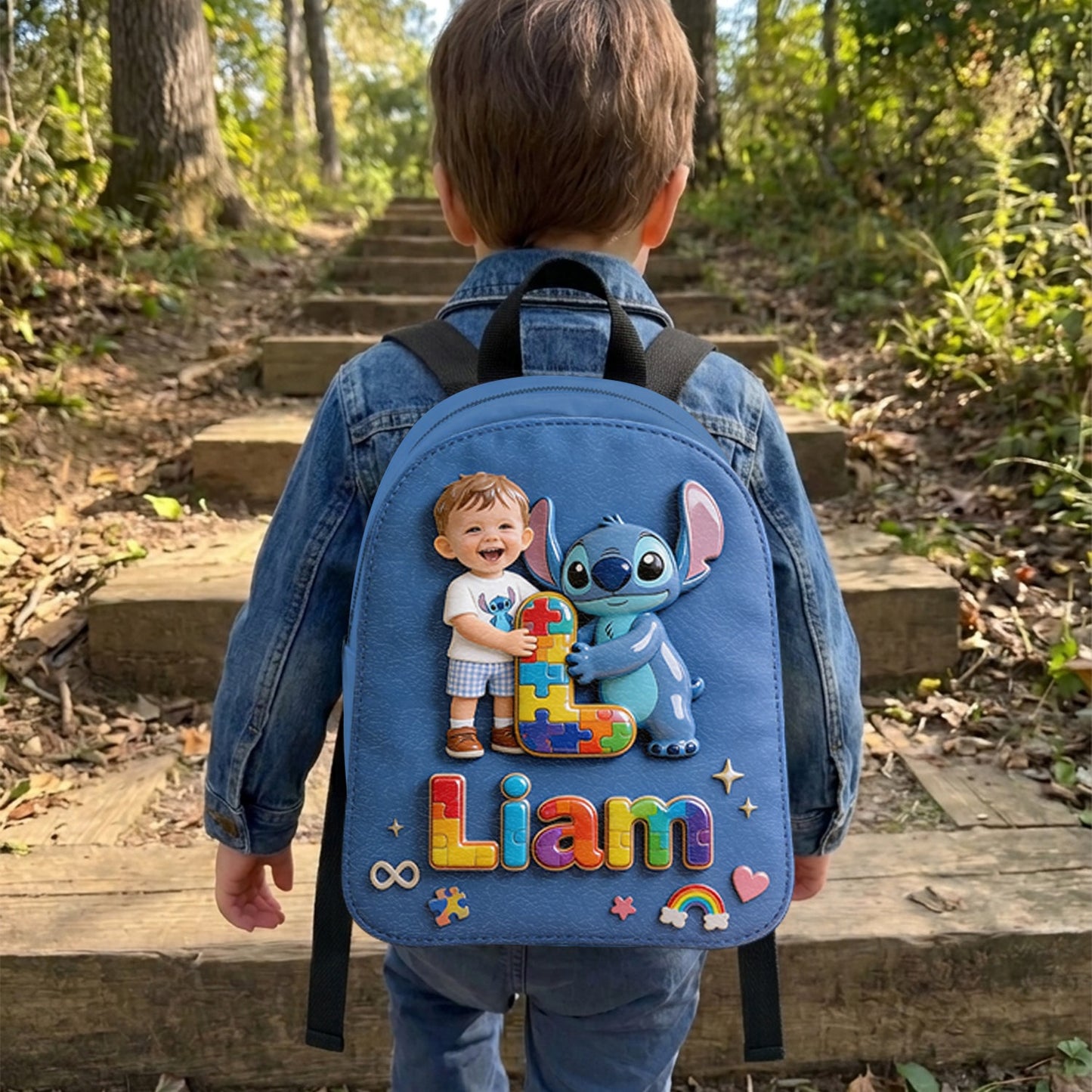 Autism Support Cartoon Puzzle Toy - Personalized Autism Awareness Changeable Leather Patch Backpack