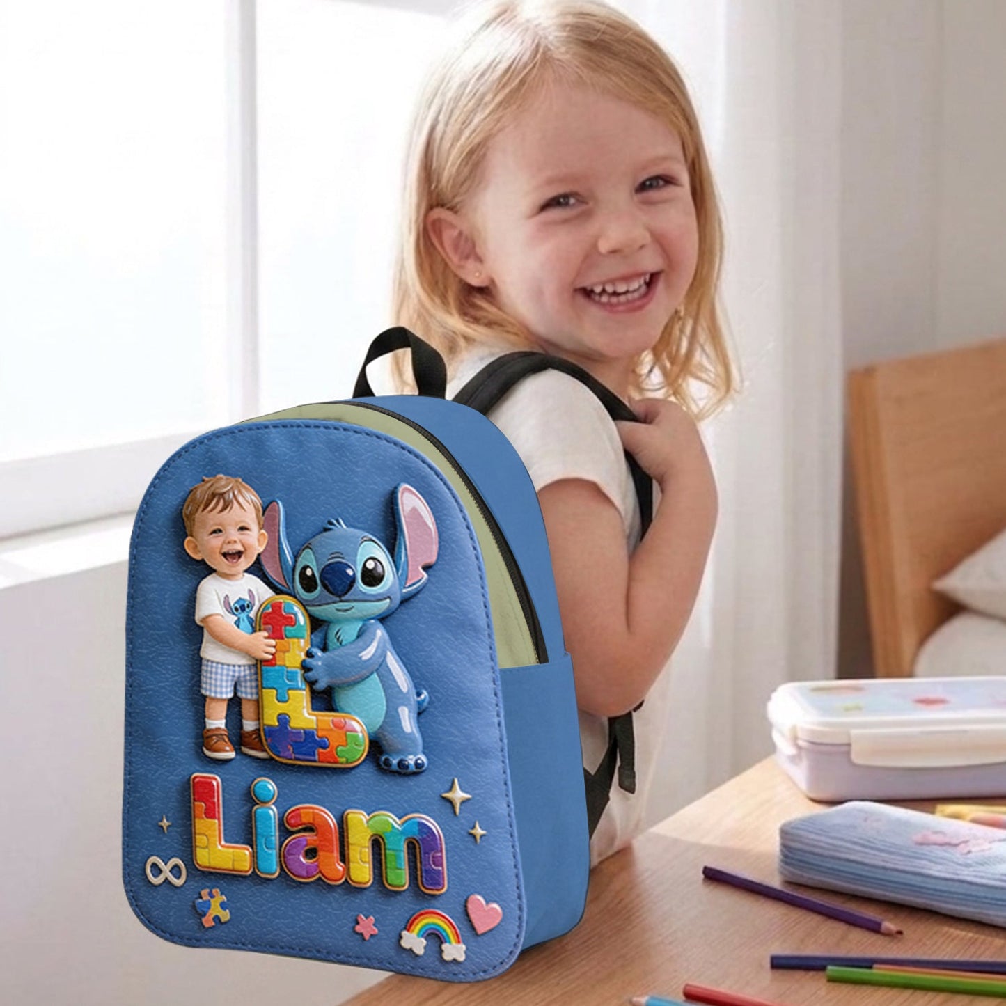 Autism Support Cartoon Puzzle Toy - Personalized Autism Awareness Changeable Leather Patch Backpack