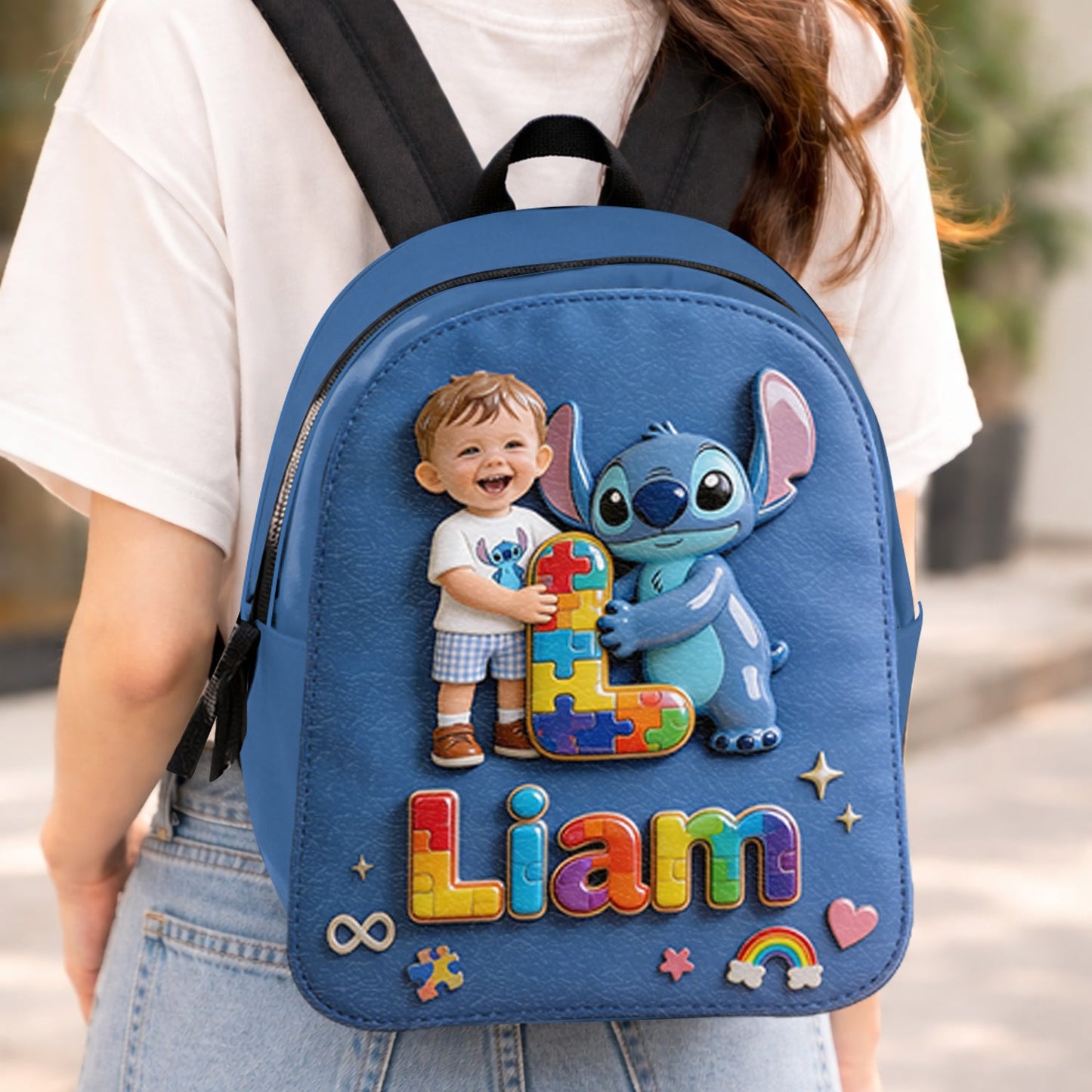 Autism Support Cartoon Puzzle Toy - Personalized Autism Awareness Changeable Leather Patch Backpack