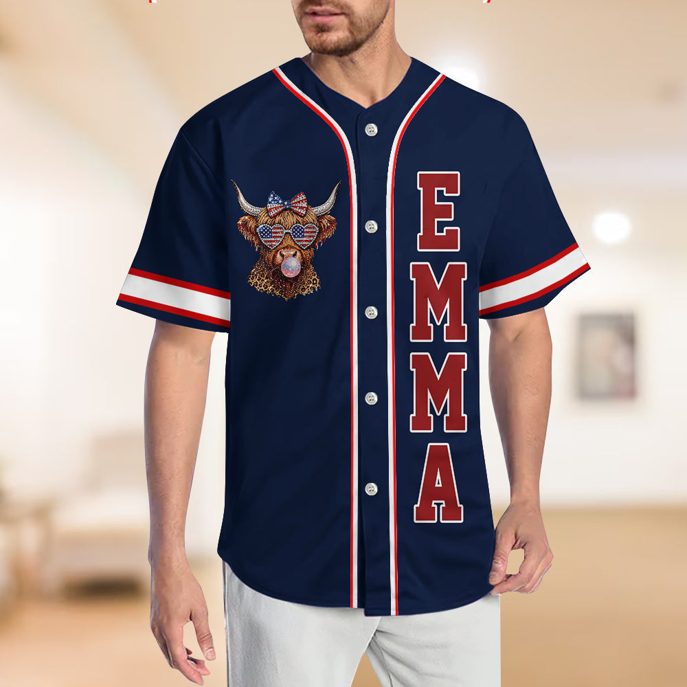 Patriotic Highland Cow - Personalized Highland Cow Baseball Jersey