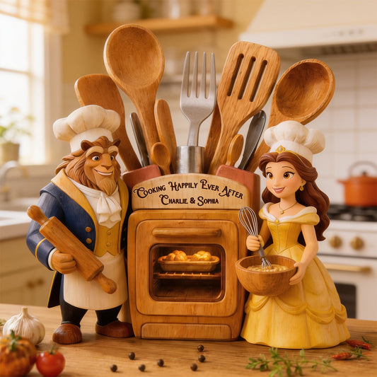Cooking Happily Ever After - Personalized Beauty And The Beast Wooden Desk Organizer