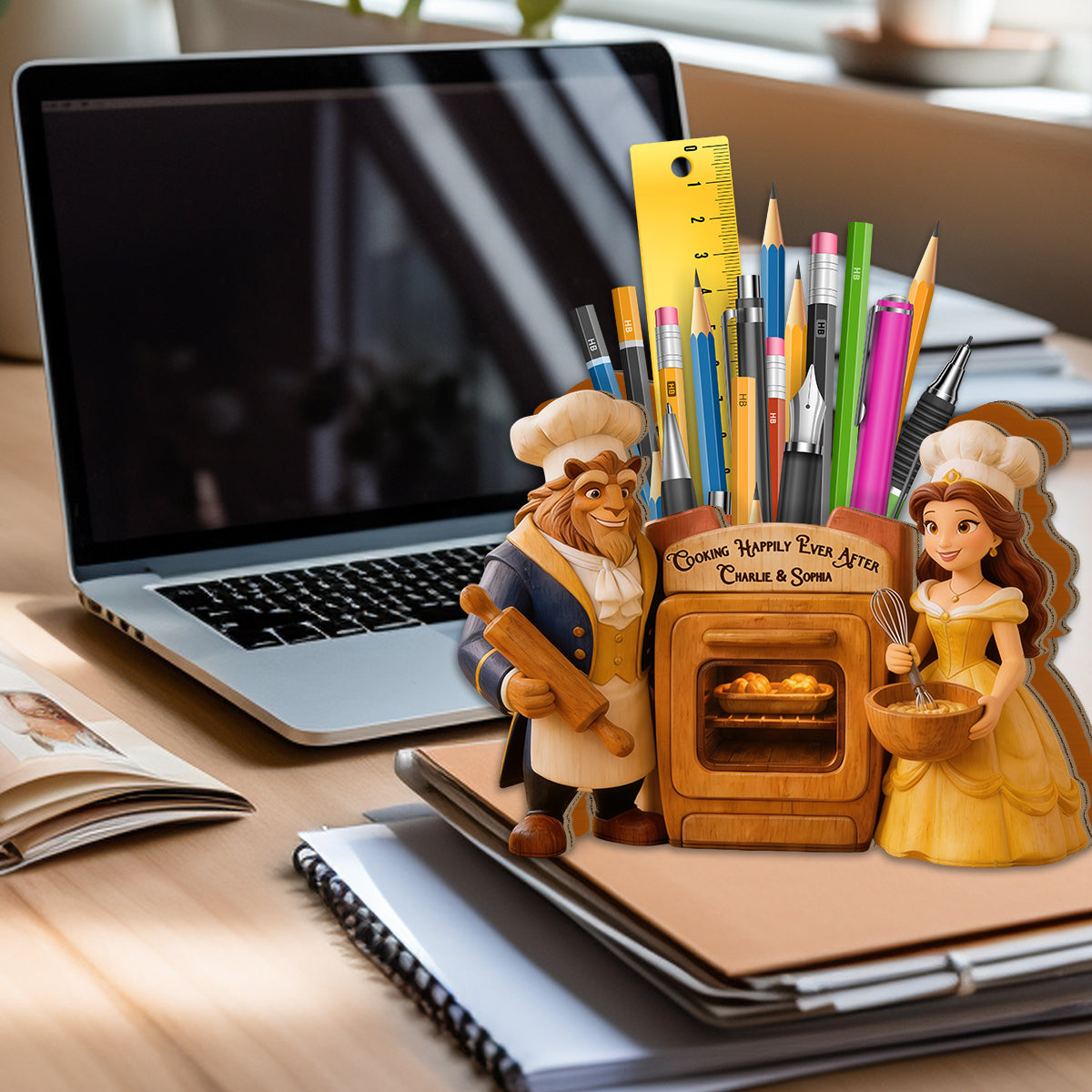 Cooking Happily Ever After - Personalized Beauty And The Beast Wooden Desk Organizer