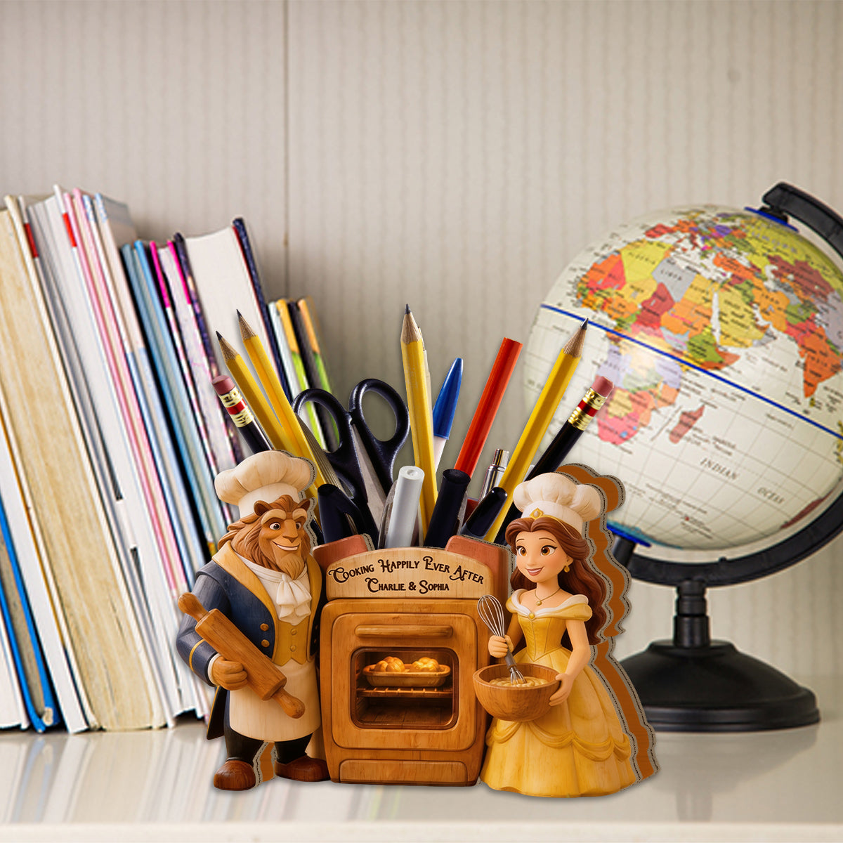 Cooking Happily Ever After - Personalized Beauty And The Beast Wooden Desk Organizer