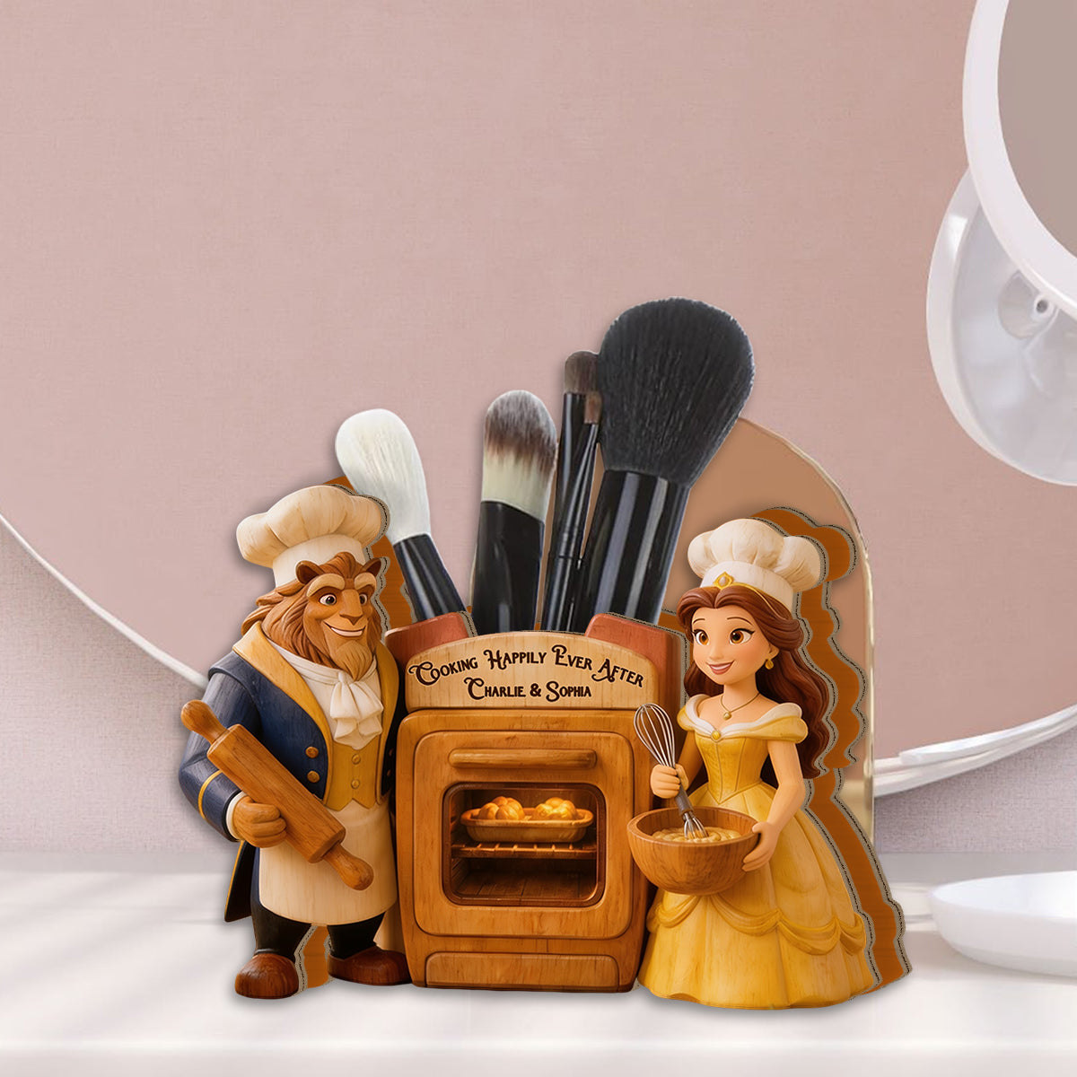 Cooking Happily Ever After - Personalized Beauty And The Beast Wooden Desk Organizer