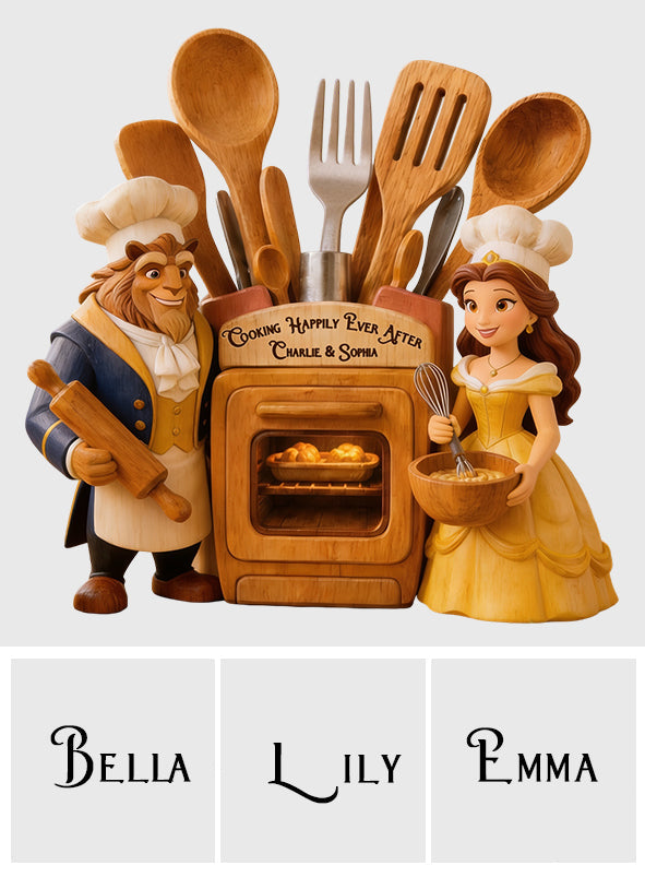 Cooking Happily Ever After - Personalized Beauty And The Beast Wooden Desk Organizer