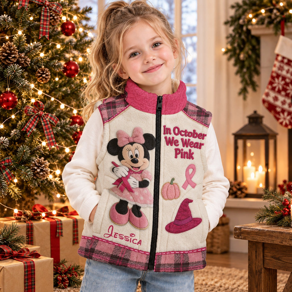 In October We Wear Pink - Personalized Breast Cancer Awareness Flannel Fleece Vest